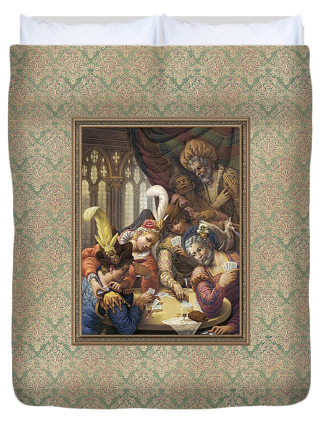 Card Players Duvet Cover featuring the pastel The Card Players by Kurt Wenner