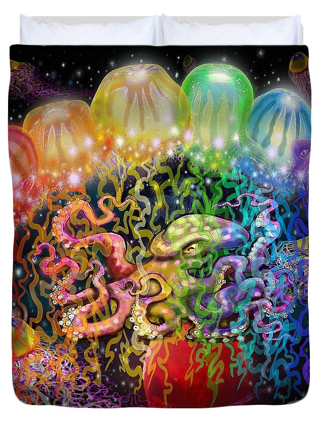 Space Duvet Cover featuring the digital art Outer Space Rainbow Alien Tentacles by Kevin Middleton