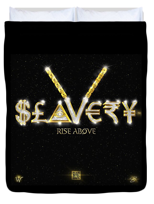 $£◬v€₹¥ Duvet Cover featuring the digital art Slavery Rise Above Golden by Wunderle