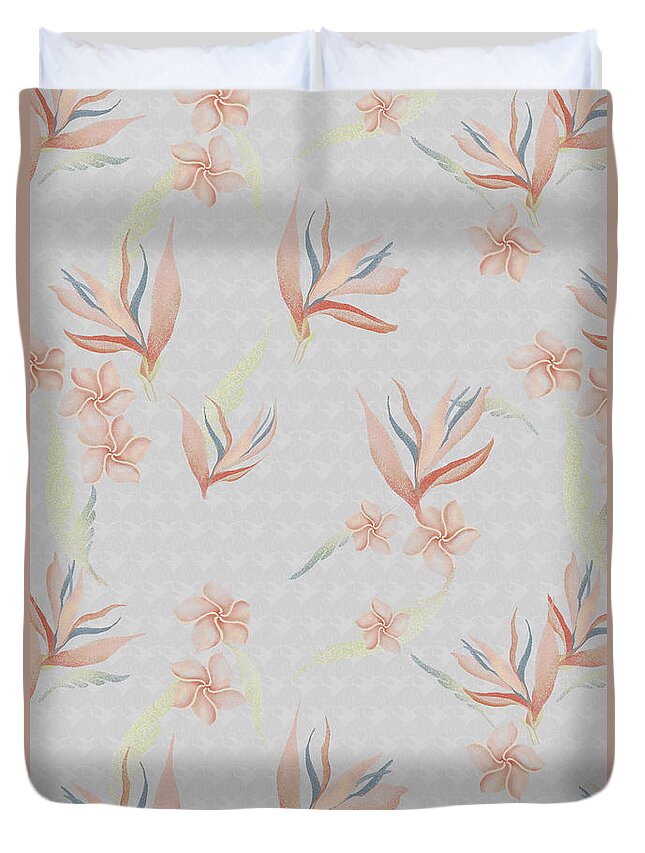 Bird Of Paradise Duvet Cover featuring the digital art Bird of Paradise with Plumeria Blossoms Floral Print by Sand And Chi