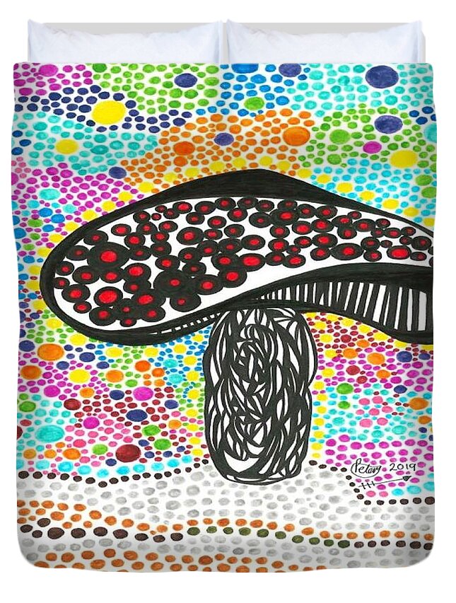 Mushroom Duvet Cover featuring the mixed media Fungi Wungi by Peter Johnstone