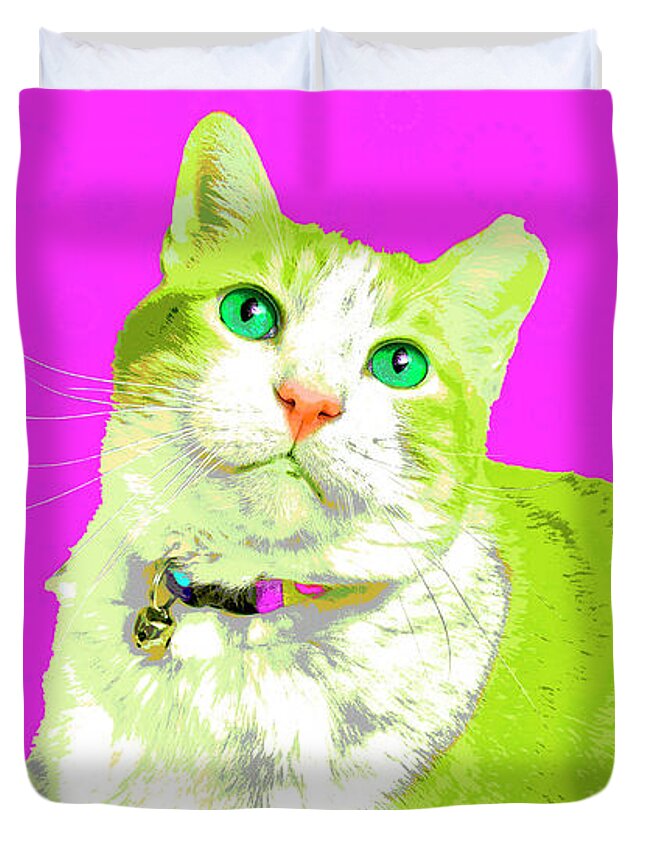 Cat Duvet Cover featuring the photograph PopART Tabby Cat by Renee Spade Photography