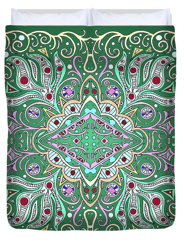 Yellow Swirls Duvet Cover featuring the mixed media Green Ornate Symmetrical Design with Diamond by Lise Winne