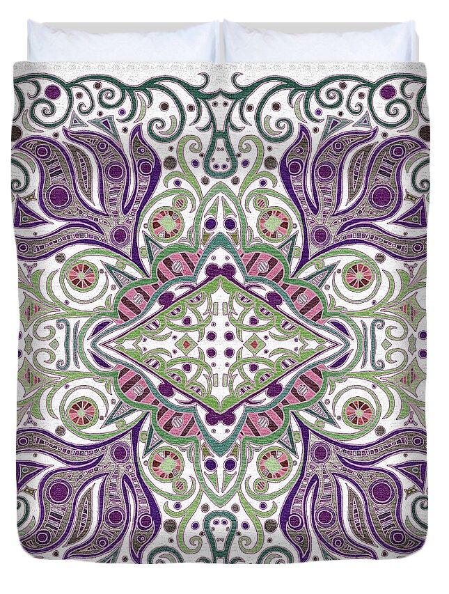 Diamond Duvet Cover featuring the tapestry - textile Abstract Textured Home Decor Design in White, Green, Purple, and Salmon color by Lise Winne
