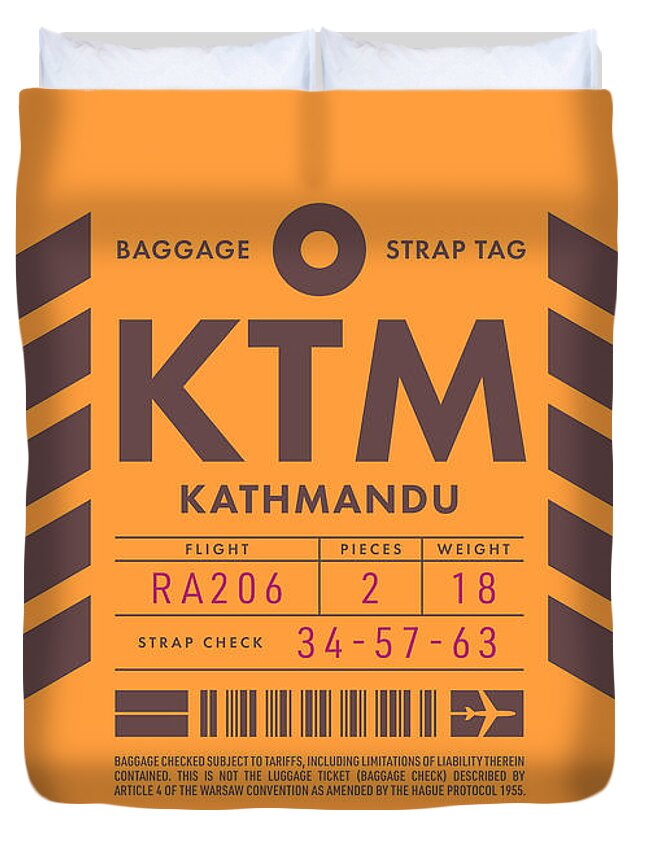 Airline Duvet Cover featuring the digital art Baggage Tag D - KTM Kathmandu Nepal by Organic Synthesis