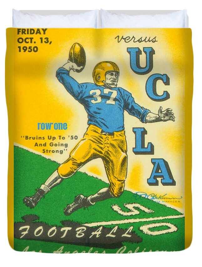 Ucla Duvet Cover featuring the mixed media 1950 Illinois vs. UCLA by Row One Brand