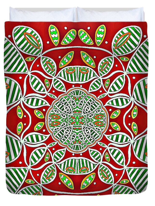 Pillow Design Duvet Cover featuring the mixed media Abstract Design with Loops on Loops in Red, Orange, Green and White by Lise Winne