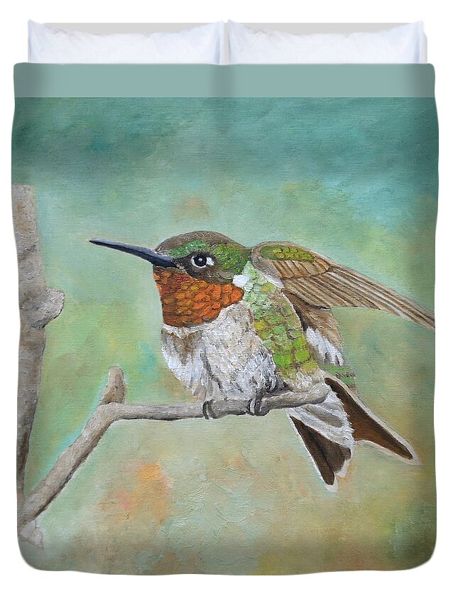 Hummingbird Duvet Cover featuring the painting Perched In Place by Angeles M Pomata