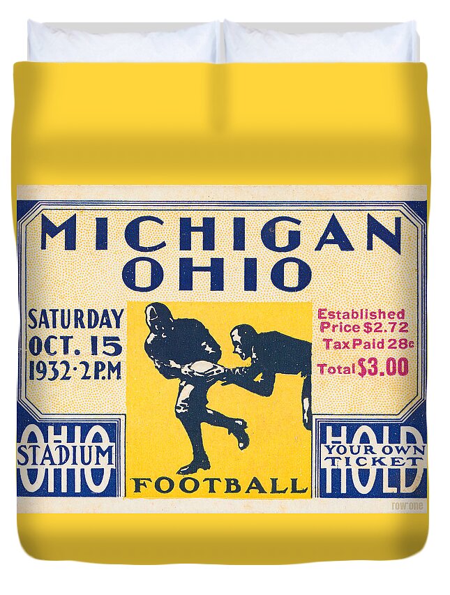 Michigan Duvet Cover featuring the mixed media 1932 Michigan vs. Ohio State by Row One Brand