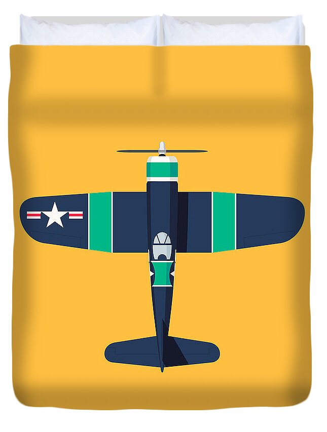 Aircraft Duvet Cover featuring the digital art F4U Corsair WWII Fighter Aircraft - Stripe by Organic Synthesis