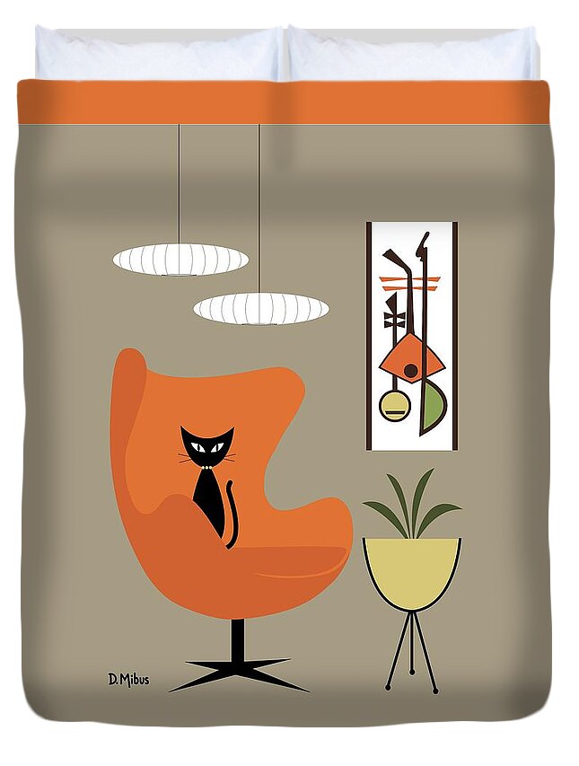 Cat Duvet Cover featuring the digital art Black Cat in Orange Egg Chair by Donna Mibus