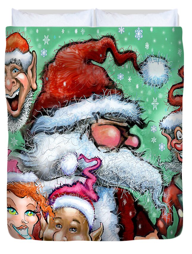 Santa Duvet Cover featuring the digital art Santa and his Elves by Kevin Middleton