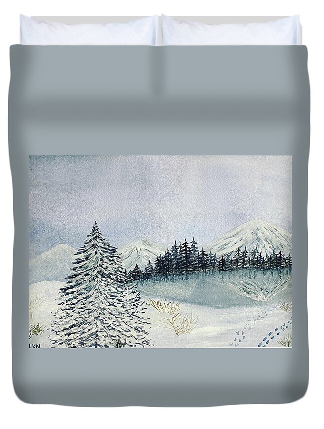Winter Duvet Cover featuring the painting Winter Tree and Mountains by Lisa Neuman