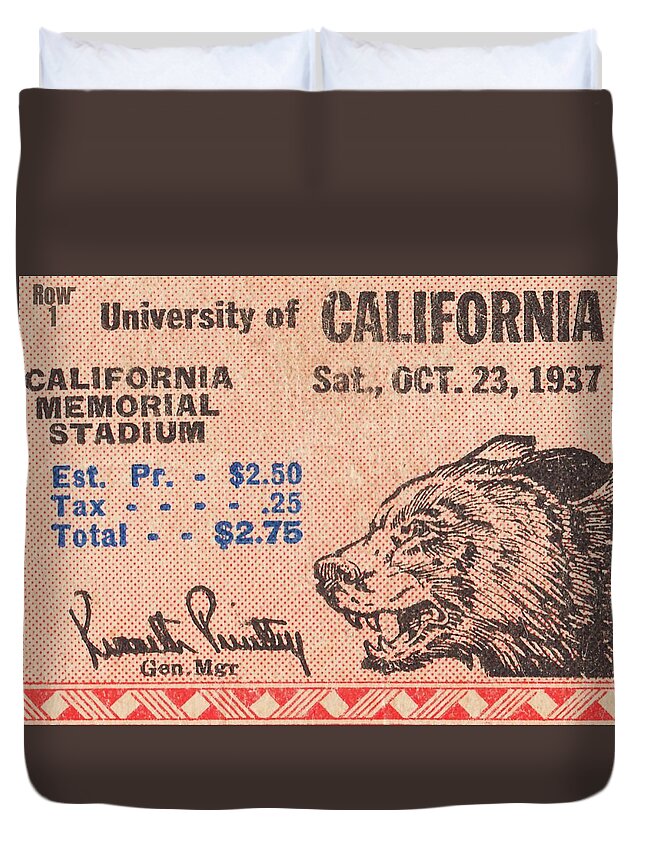 California Duvet Cover featuring the mixed media 1937 Cal Bears Football Ticket Remix Art by Row One Brand