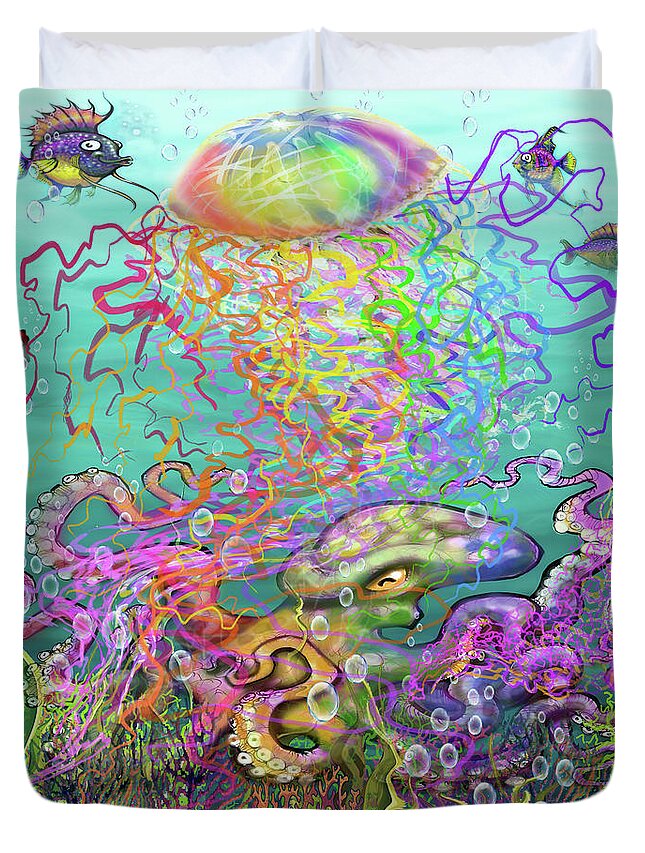 Rainbow Duvet Cover featuring the digital art Rainbow Jellyfish and Friends by Kevin Middleton