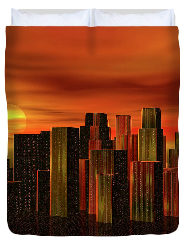 City Duvet Cover featuring the digital art City at Sunset by Phil Perkins