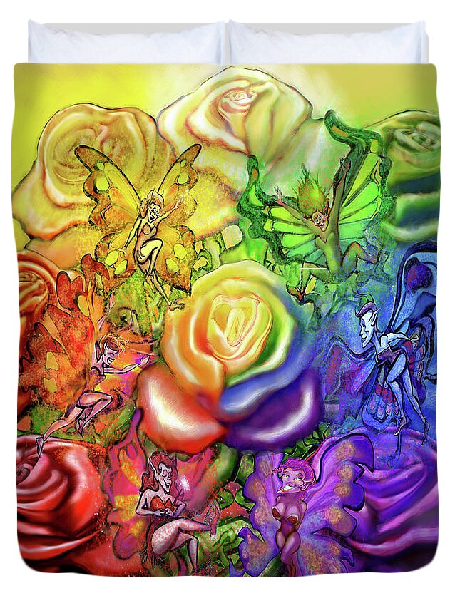 Rainbow Duvet Cover featuring the digital art Roses Rainbow Pixies by Kevin Middleton
