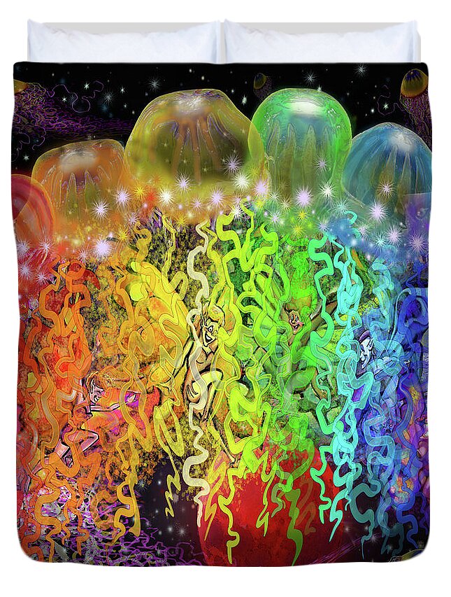 Space Duvet Cover featuring the digital art Space Pixies n Jellyfish by Kevin Middleton