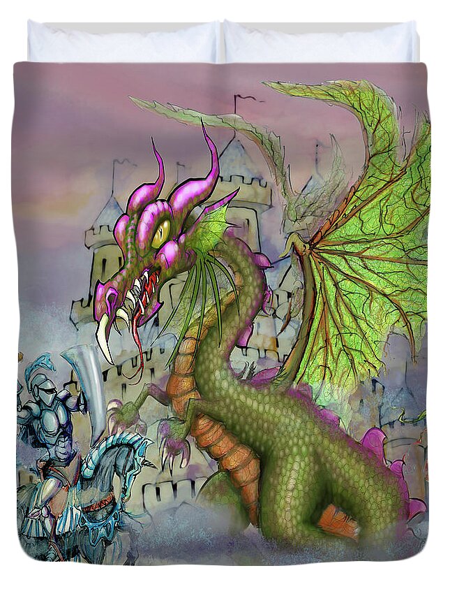 Knight Duvet Cover featuring the digital art Knight n Dragon n Castle by Kevin Middleton