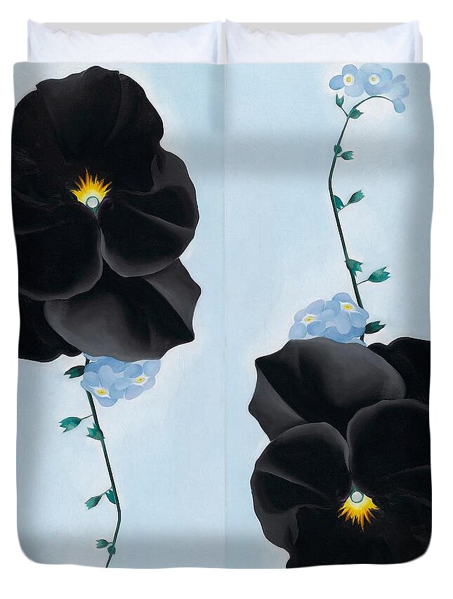 Georgia O'keeffe Duvet Cover featuring the painting Black pansy with forget-me-nots - Modernist flower painting by Georgia O'Keeffe