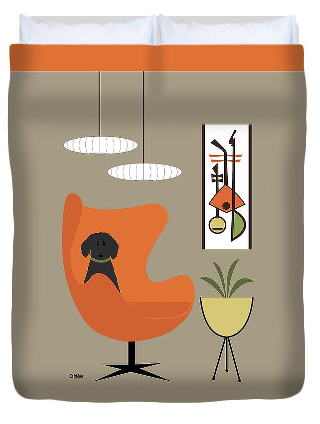 Mid Century Modern Duvet Cover featuring the digital art Black Dog in Orange Mid Century Chair by Donna Mibus
