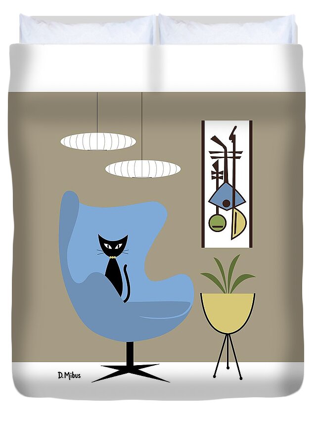 Mid Century Cat Duvet Cover featuring the digital art Black Cat in Blue Egg Chair by Donna Mibus
