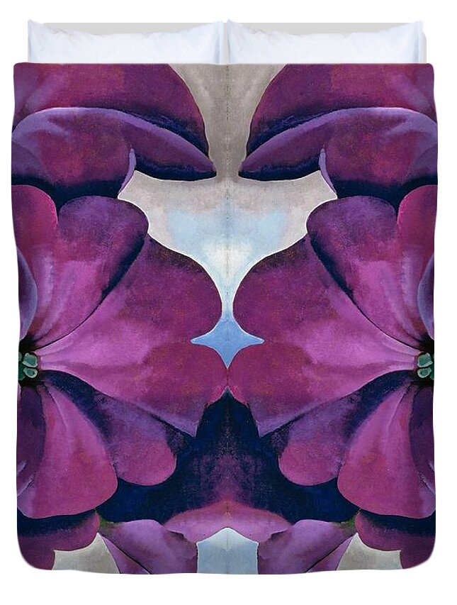 Georgia O'keeffe Duvet Cover featuring the painting Petunias - Modernist purple flower painting by Georgia O'Keeffe