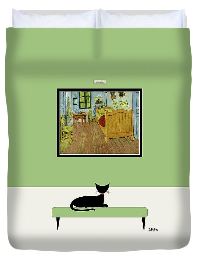 Cat At Museum Duvet Cover featuring the digital art Black Cat Admires Van Gogh Bedroom by Donna Mibus