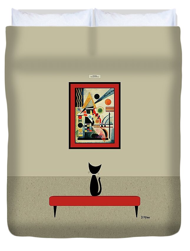 Wassily Kandinsky Duvet Cover featuring the digital art Black Cat Admires Kandinsky Painting by Donna Mibus