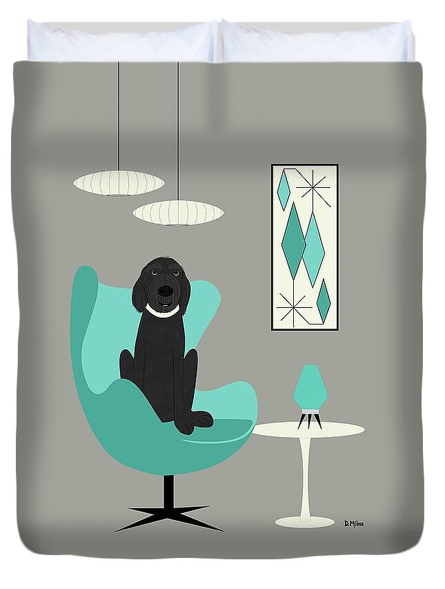 Mid Century Dog Duvet Cover featuring the digital art Doodle in Teal Egg Chair by Donna Mibus