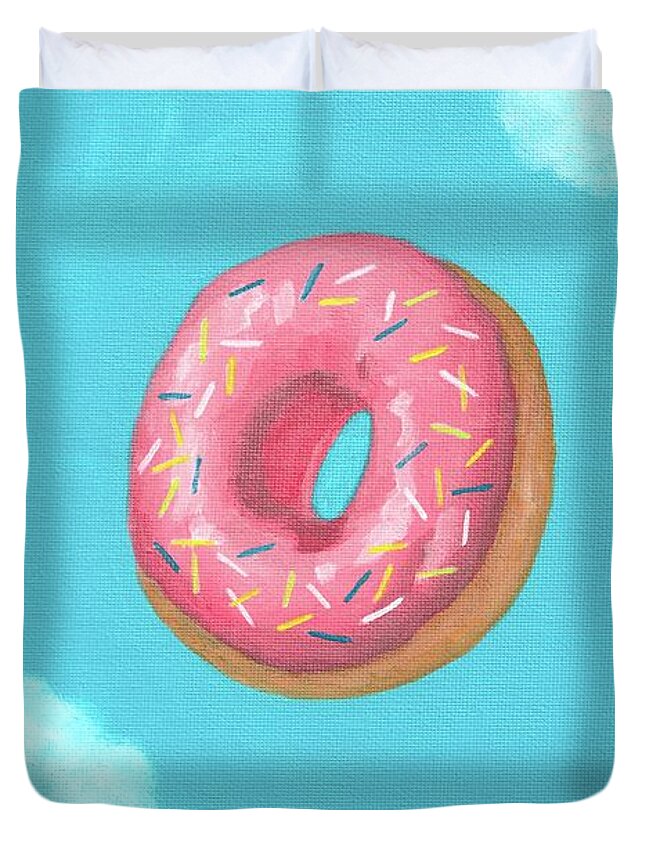 Pink Donut Duvet Cover featuring the painting Pink Donut by Kazumi Whitemoon