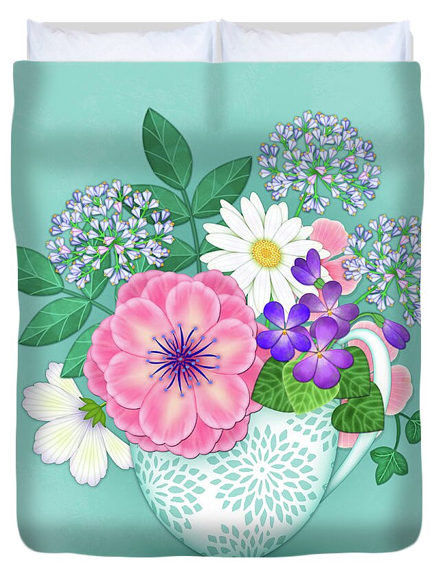 Teacup Duvet Cover featuring the digital art Teacup with Flowers by Valerie Drake Lesiak