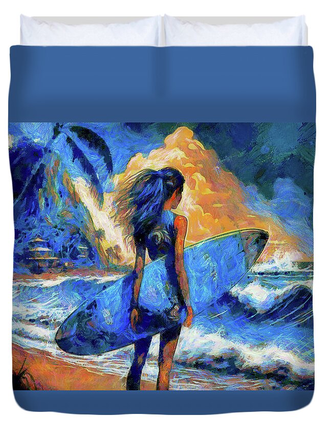 Girl With Surfboard Checking Swell Duvet Cover featuring the digital art Girl with Surfoard Checking Swell by Caito Junqueira
