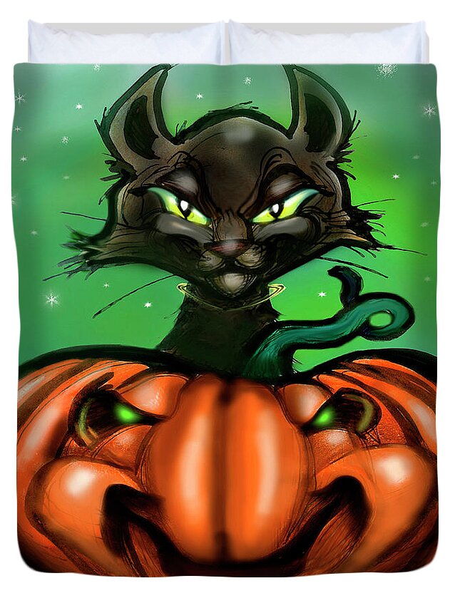 Halloween Duvet Cover featuring the digital art Black Cat n Pumpkin by Kevin Middleton