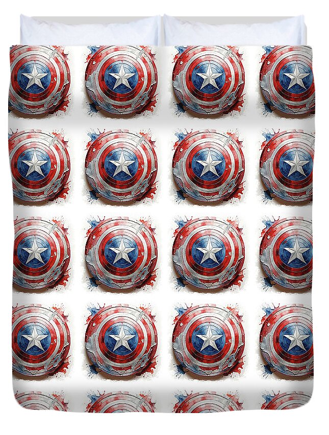 Captain America Duvet Cover featuring the digital art Captain America Shield Digital Oil Painting by Georgeta Blanaru