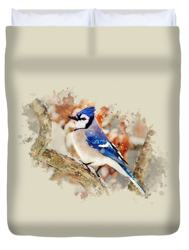 Blue Jay Duvet Cover featuring the mixed media Beautiful Blue Jay - Watercolor Art by Christina Rollo