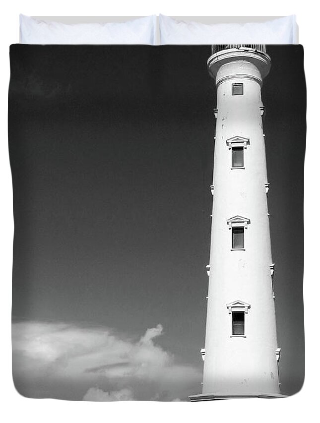 Lighthouse; California Lighthouse; Aruba; Blue; Beach; Rocks; Rock; Clouds; Cloud; Beach; Windows; Sky; Building; Remote; Black And White; Duvet Cover featuring the photograph Aruba California Light BW by Tina Uihlein