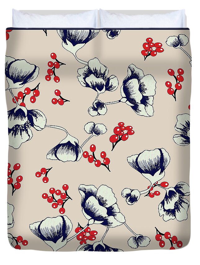 Asian Duvet Cover featuring the digital art Asian Blossoms with Red Berries by Sand And Chi