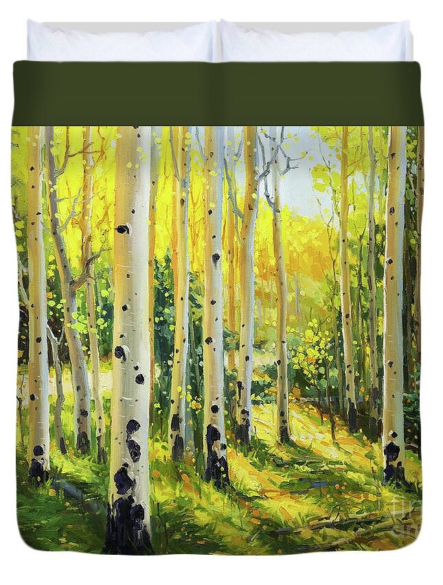 Aspen Vista Santa Fe Nm Aspen Trees Mood Duvet Cover featuring the painting Aspen Vista in Santa Fe New Mexico by Gary Kim