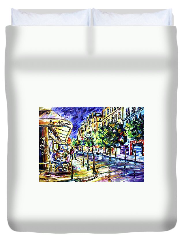 Cafe Le Nazir Paris Duvet Cover featuring the painting At Night On Montmartre by Mirek Kuzniar
