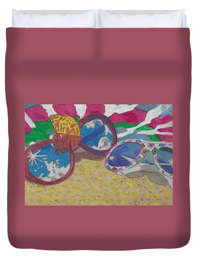 Beach Duvet Cover featuring the drawing At the Beach Sunglasses Lying on the Sand with a Hermit Crab and Beach Towel by Ali Baucom