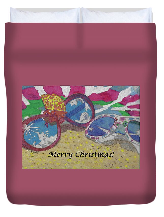 Beach Duvet Cover featuring the mixed media At the Beach Christmas Sunglasses Lying on the Sand with a Hermit Crab and Beach Towel with Text by Ali Baucom