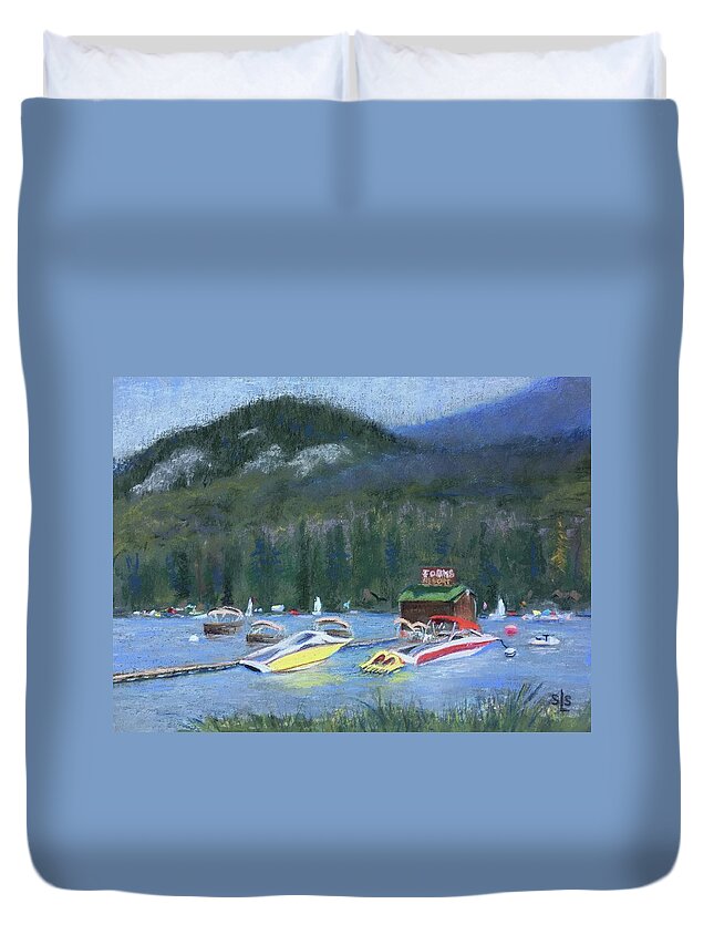 Bass Lake Duvet Cover featuring the pastel At The Forks by Sandra Lee Scott