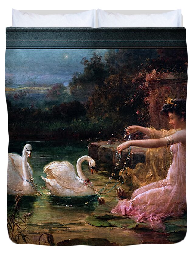 At The Swan Lake Duvet Cover featuring the painting At The Swan Lake by Hans Zatzka by Rolando Burbon
