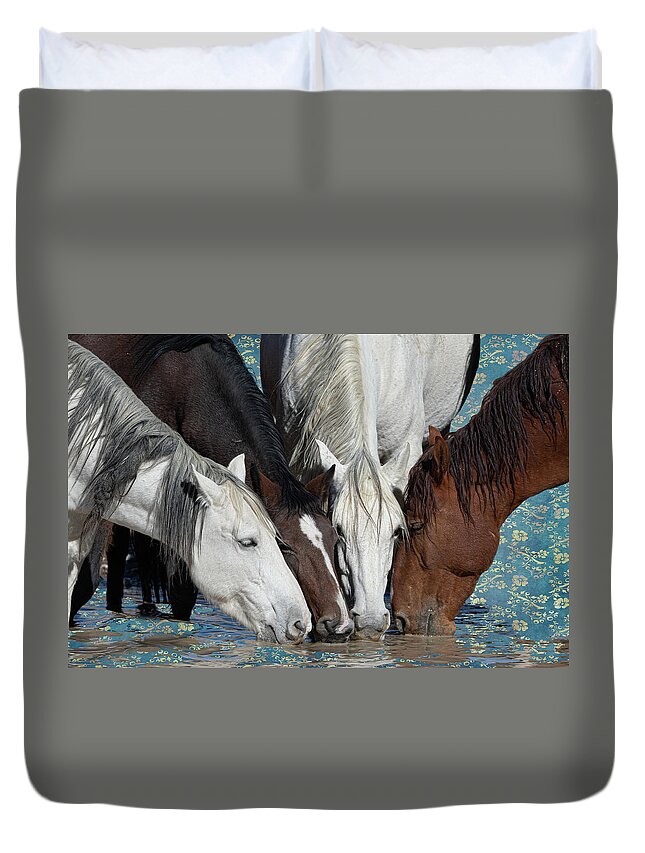 Wild Horses Duvet Cover featuring the photograph At the Water Hole by Mary Hone