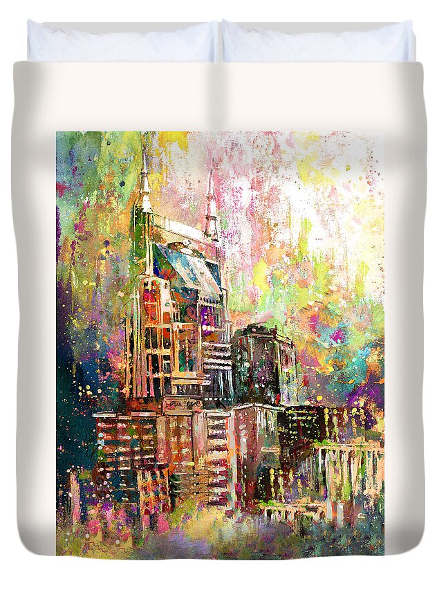 Travel Duvet Cover featuring the painting ATT Building Collage In Nashville by Miki De Goodaboom