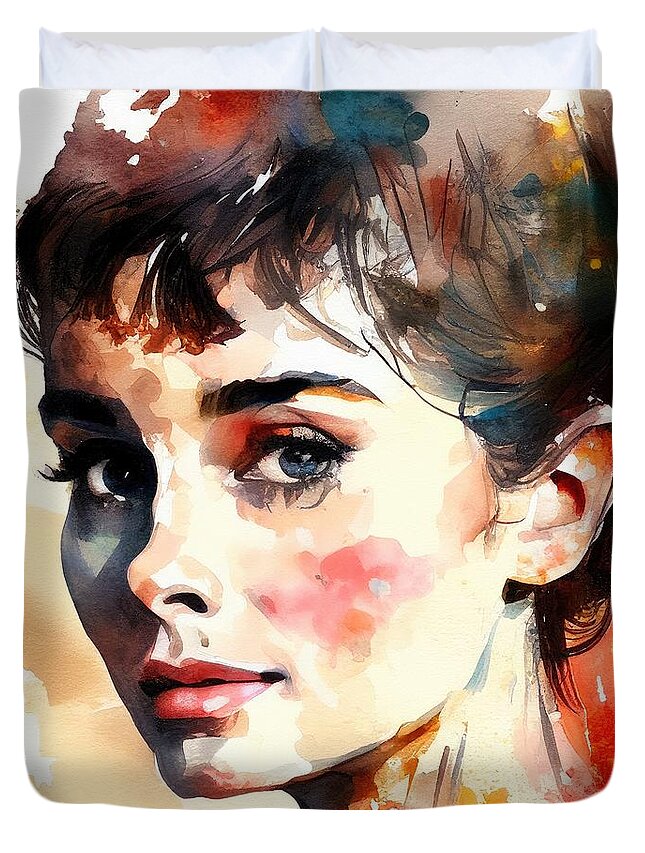 Audrey Duvet Cover featuring the painting Audrey Hepburn No.5 by My Head Cinema