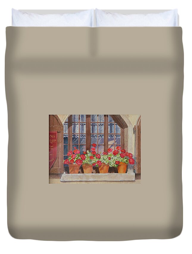 Watercolor Duvet Cover featuring the painting August at the Auberge by Mary Ellen Mueller Legault