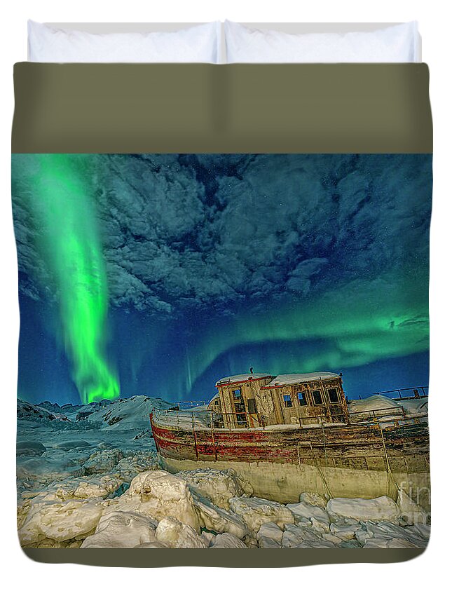 00648338 Duvet Cover featuring the photograph Aurora Borealis and Boat by Shane P White