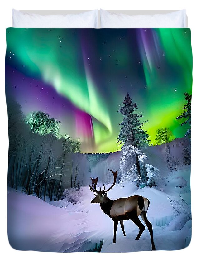 Aurora Borealis Duvet Cover featuring the mixed media Aurora Winter Miracle by Lisa Pearlman